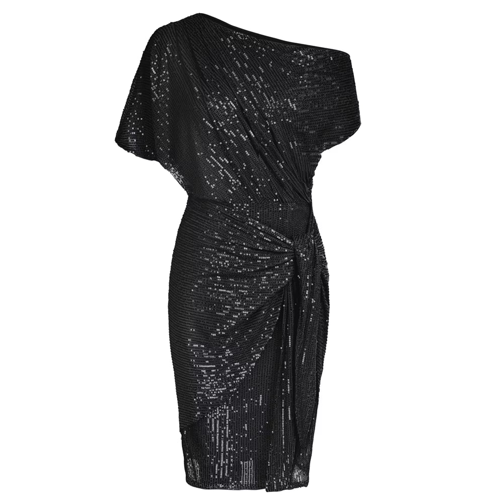 Cocktail Dresses for Women Sequined Party Dress Summer Ruched Short Sleeve Asymmetric off Shoulder Bodycon Dress Vestidos