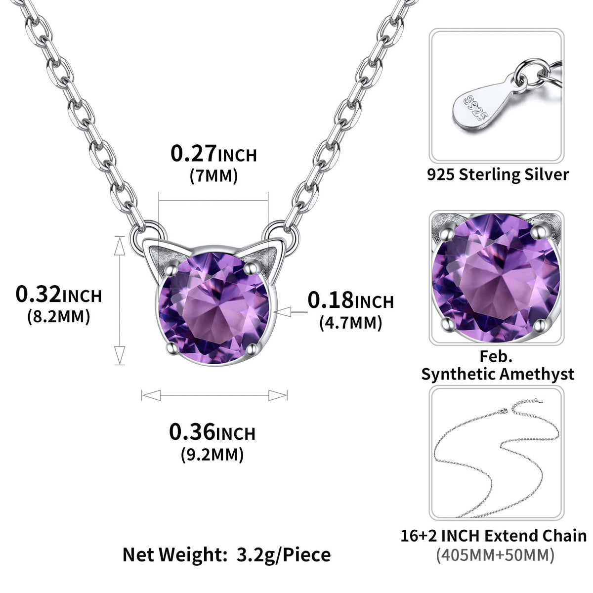Cute Cat Necklace Sterling Silver Birthstone Pendant Necklace for Women Dainty Jewelry Valentines Day Gifts for Cat Lovers Wife Sister Mom