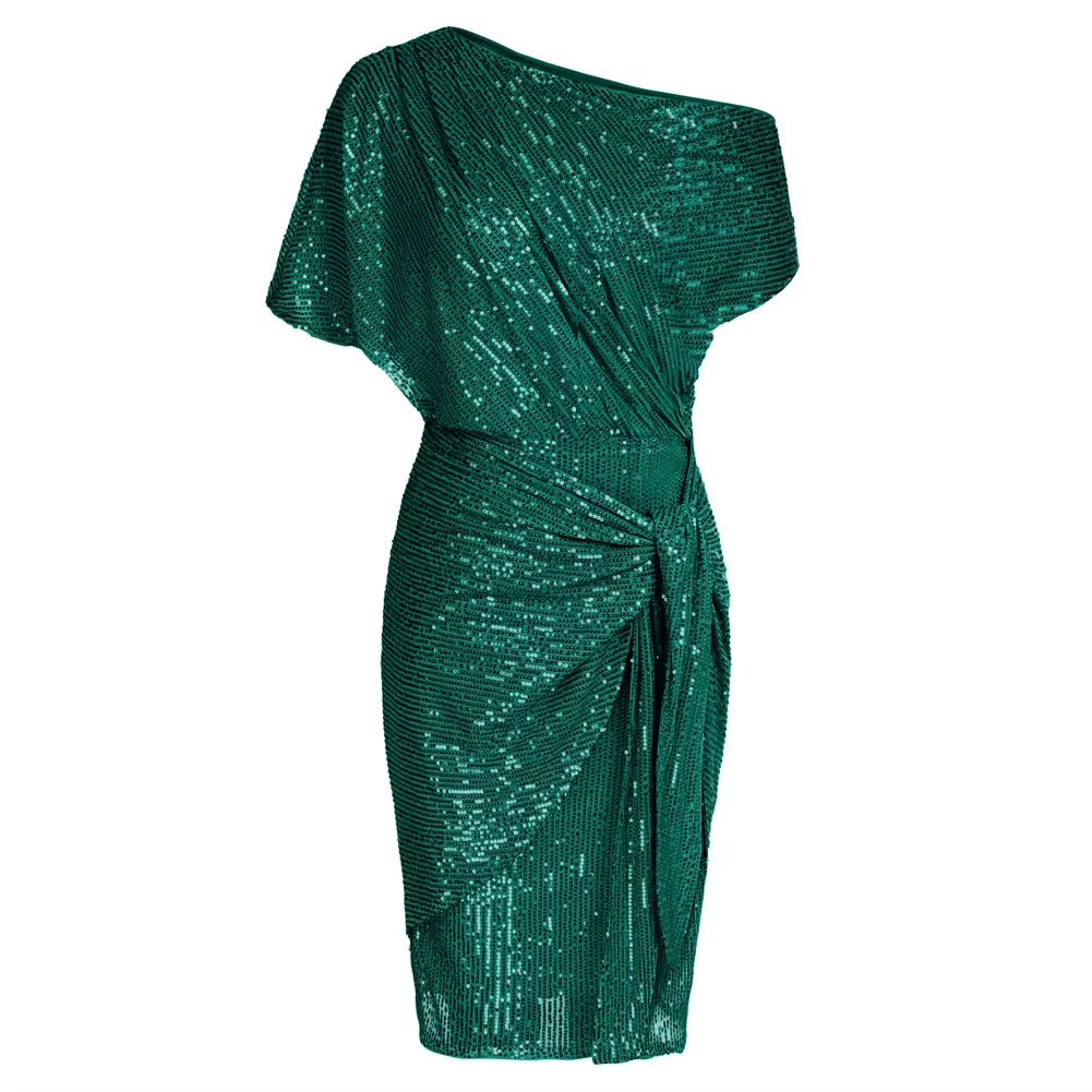 Cocktail Dresses for Women Sequined Party Dress Summer Ruched Short Sleeve Asymmetric off Shoulder Bodycon Dress Vestidos