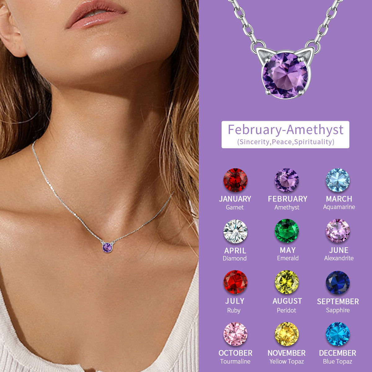 Cute Cat Necklace Sterling Silver Birthstone Pendant Necklace for Women Dainty Jewelry Valentines Day Gifts for Cat Lovers Wife Sister Mom