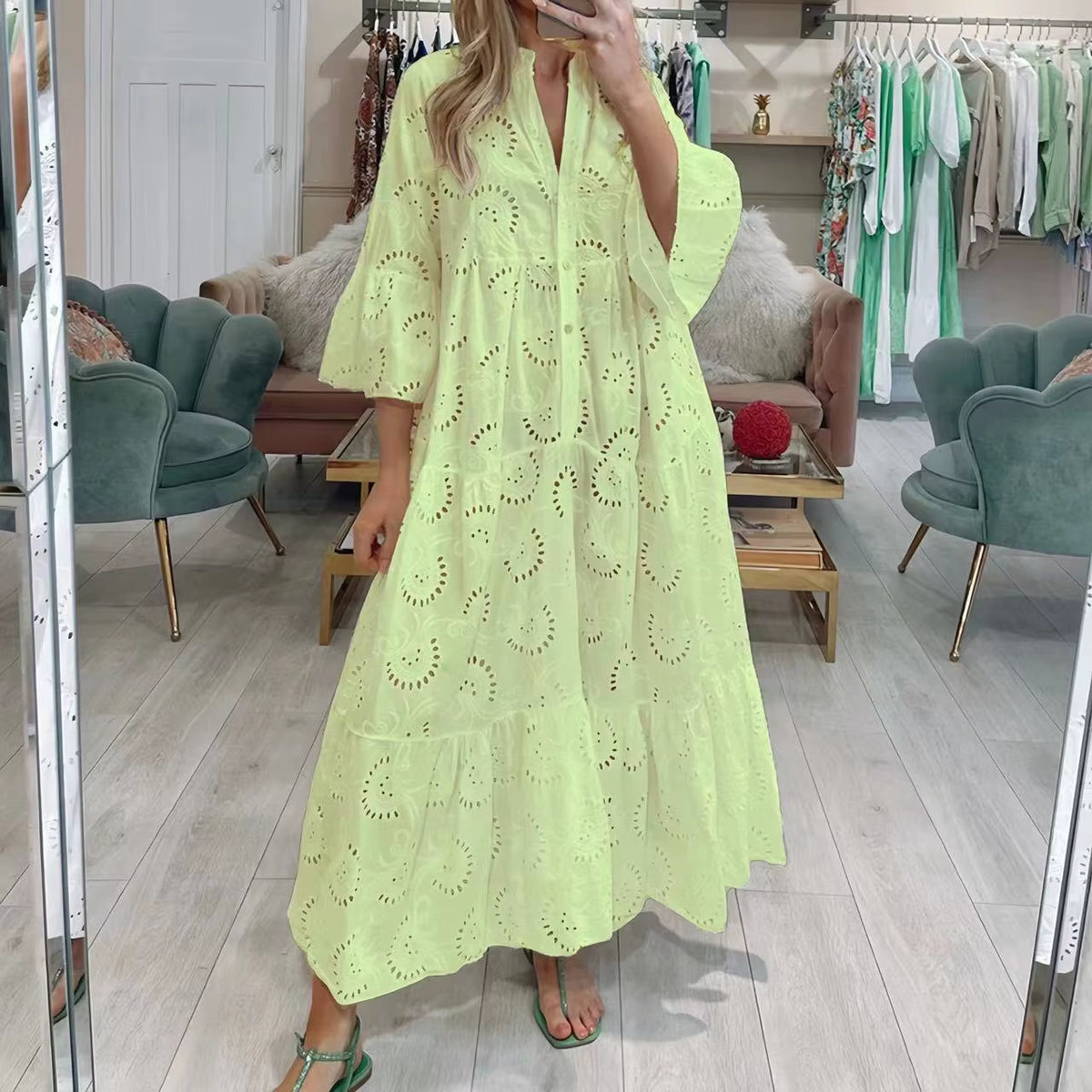 Lace Breeze: White V-Neck Hollow Lace Long Dress