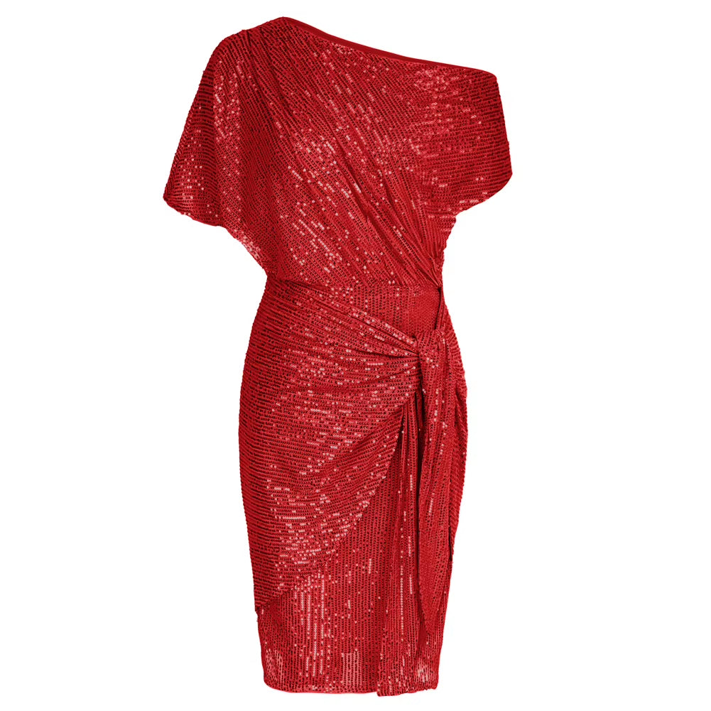 Cocktail Dresses for Women Sequined Party Dress Summer Ruched Short Sleeve Asymmetric off Shoulder Bodycon Dress Vestidos